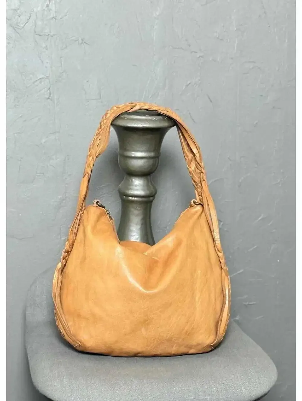 Golden Tan Leather Hobo Bag Woven Leather Handle + Removeable Crossbody Strap